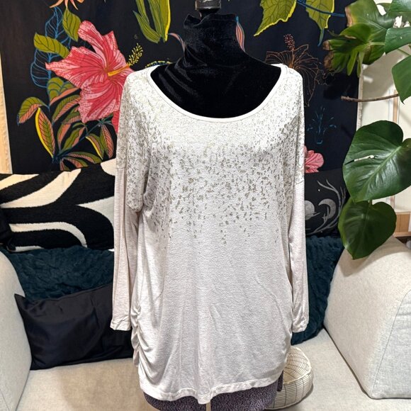 Tunic Shirt with Side Ruching/Back Keyhole, Abstract Sparkles, Heathered Oatmeal - Picture 5 of 15